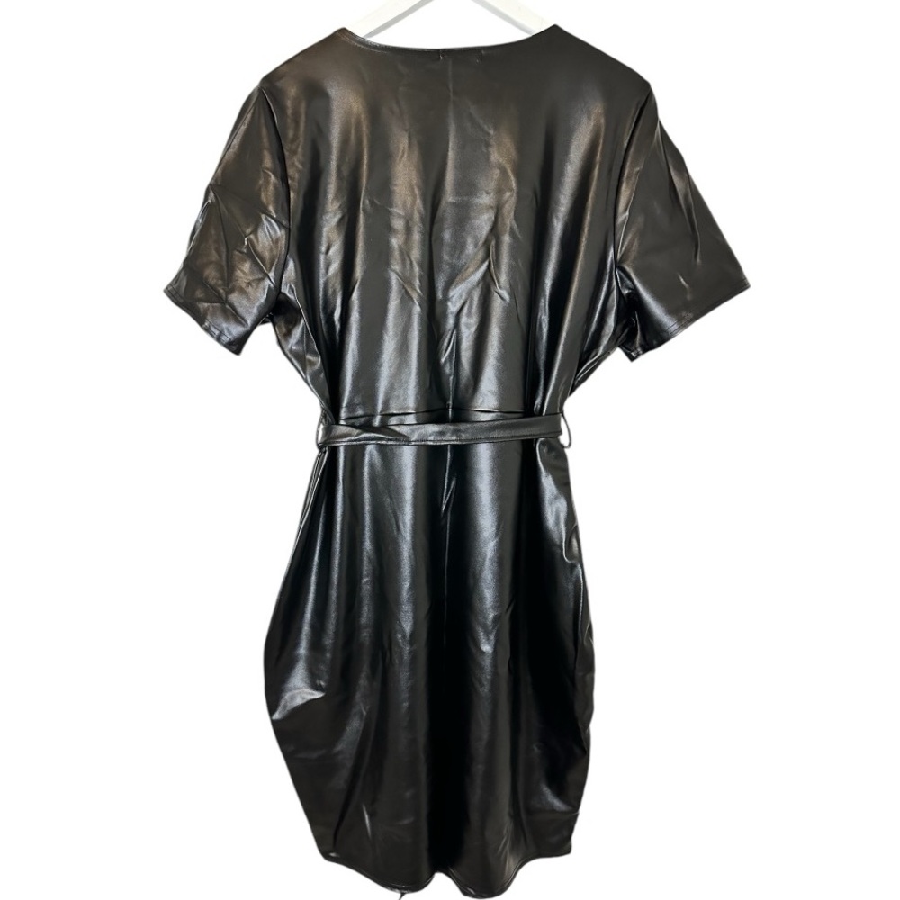 💝Boohoo NWT Faux Leather Black Wrap Around Dress Women's Size 16 - Picture 4 of 7